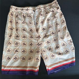 Cream Logo Print Silk Shorts with Striped Hem